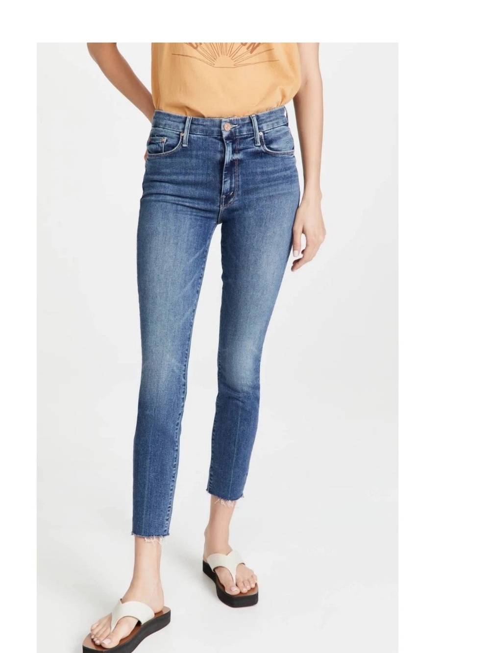 Mother High Waisted Looker Ankle Fray Jeans Walking On Coals $238